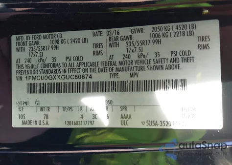 2016 Ford Escape Se из США, поврежденный, VIN 1FMCU0GXXGUC80674